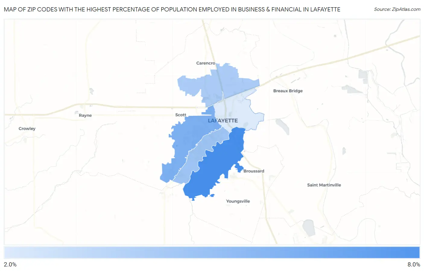 Zip Codes with the Highest Percentage of Population Employed in Business & Financial in Lafayette Map