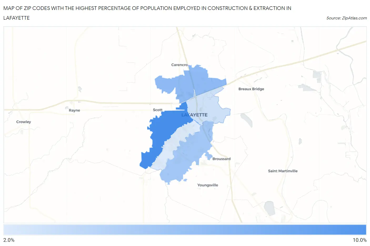 Zip Codes with the Highest Percentage of Population Employed in Construction & Extraction in Lafayette Map