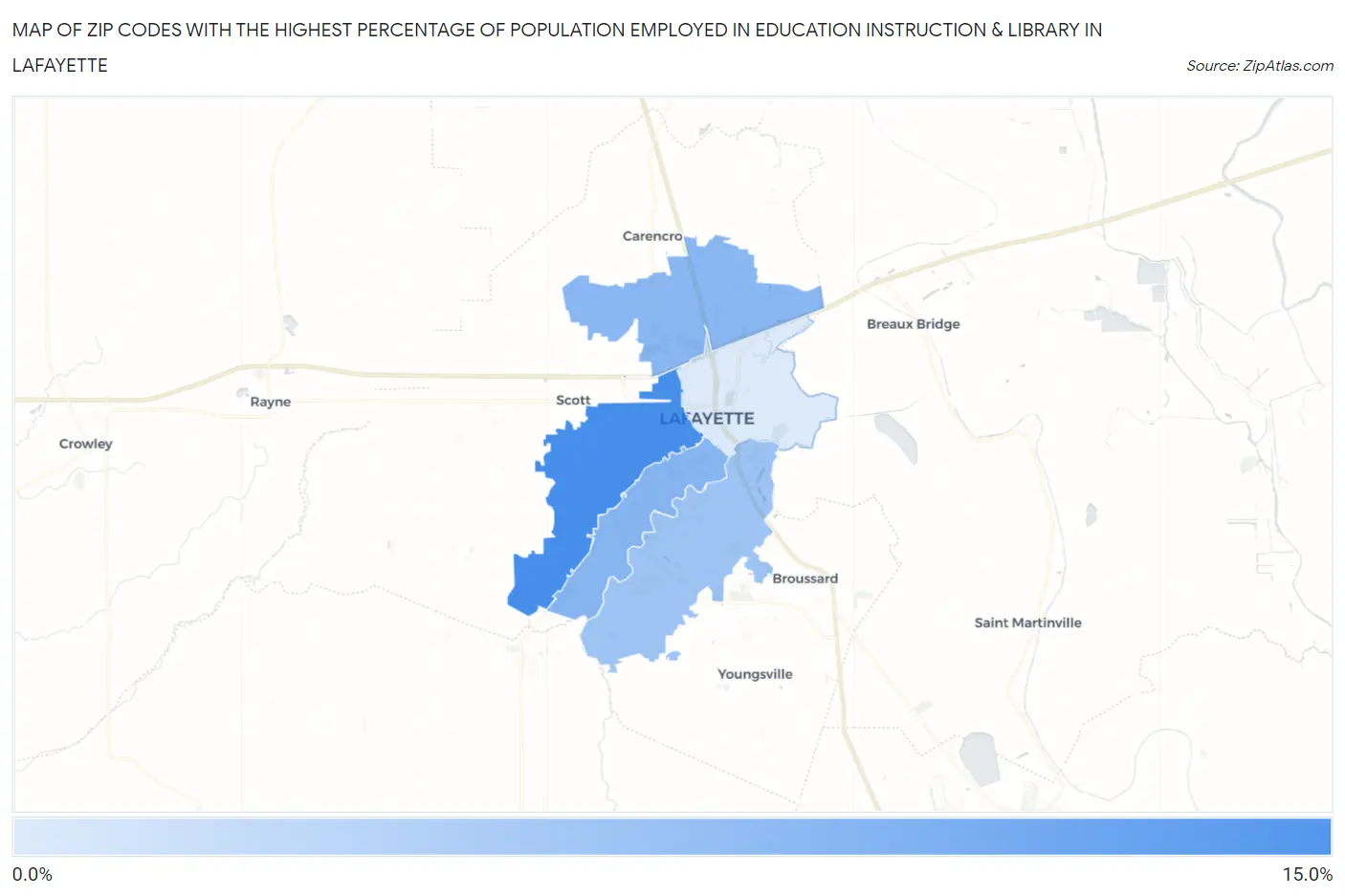 Zip Codes with the Highest Percentage of Population Employed in Education Instruction & Library in Lafayette Map