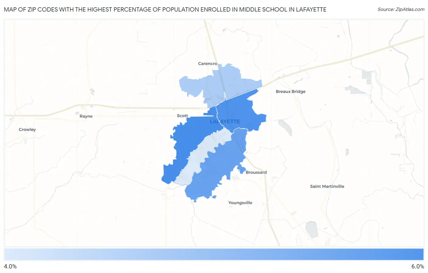 Zip Codes with the Highest Percentage of Population Enrolled in Middle School in Lafayette Map