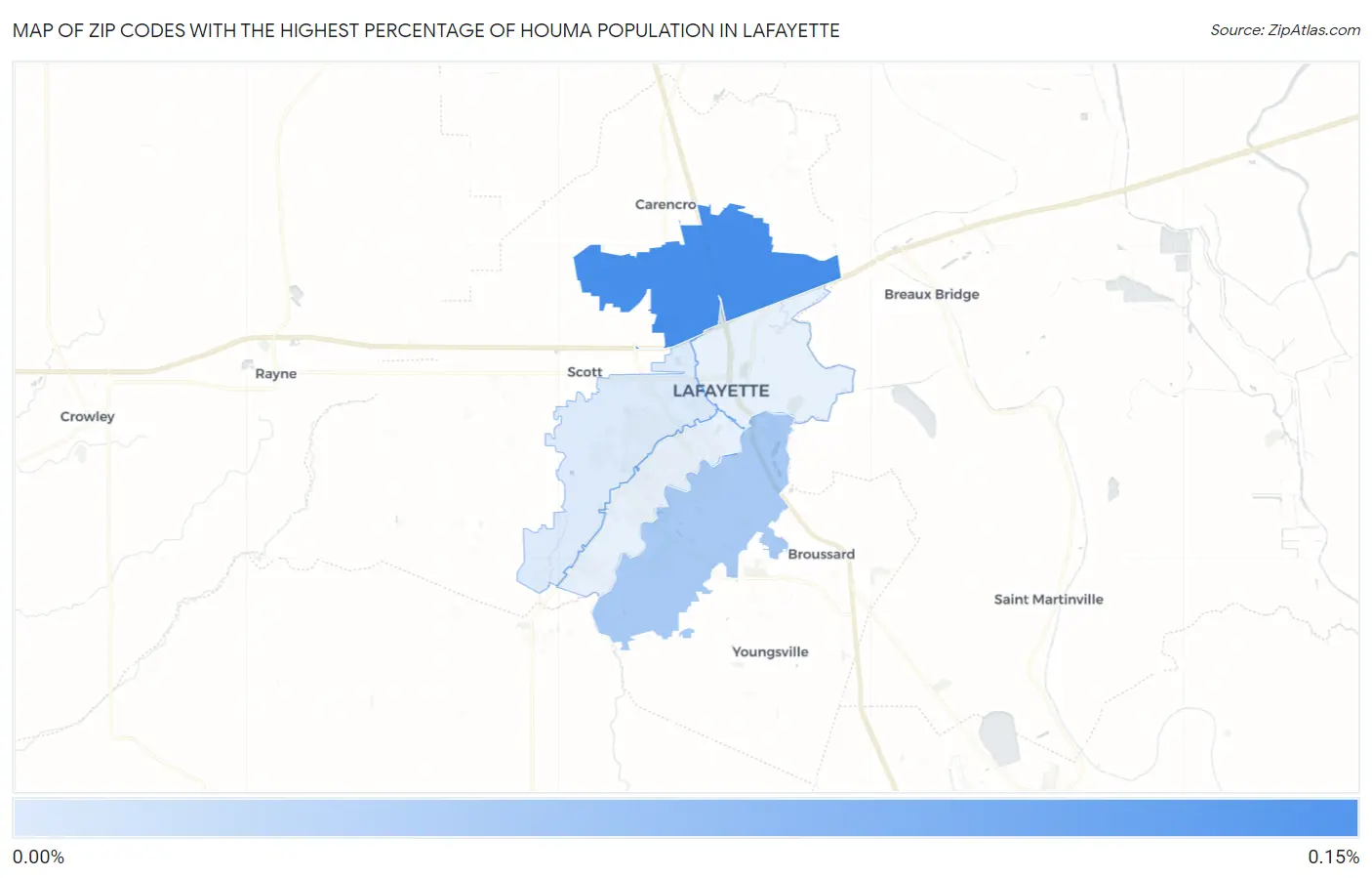 Zip Codes with the Highest Percentage of Houma Population in Lafayette Map