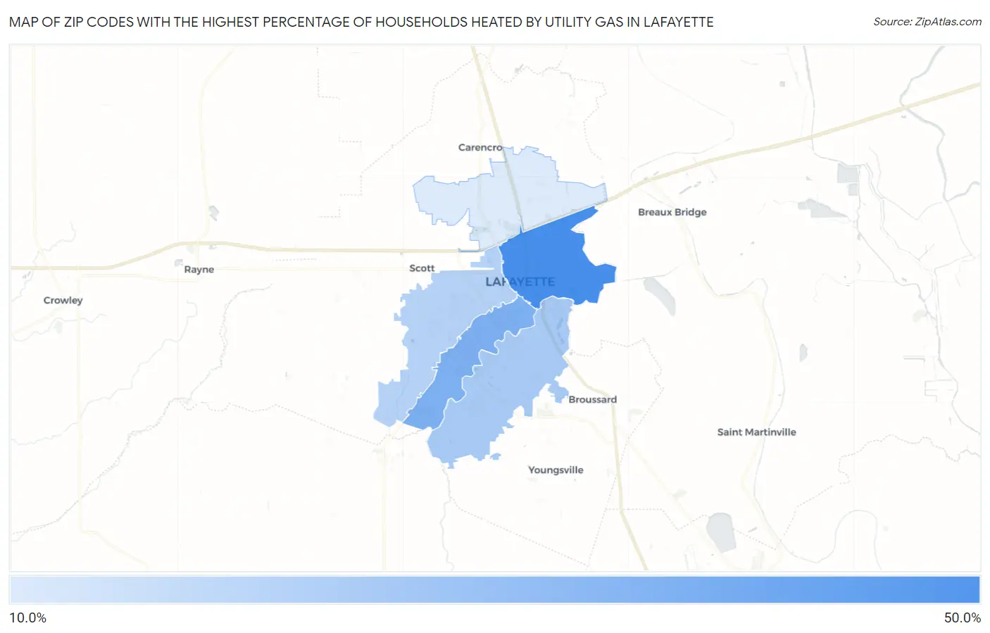 Zip Codes with the Highest Percentage of Households Heated by Utility Gas in Lafayette Map