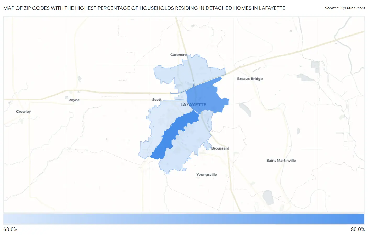 Zip Codes with the Highest Percentage of Households Residing in Detached Homes in Lafayette Map