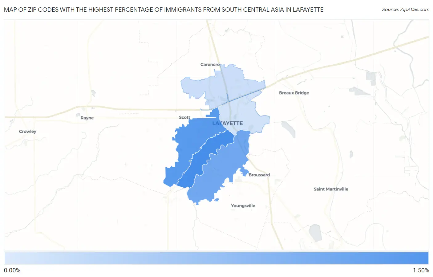 Zip Codes with the Highest Percentage of Immigrants from South Central Asia in Lafayette Map
