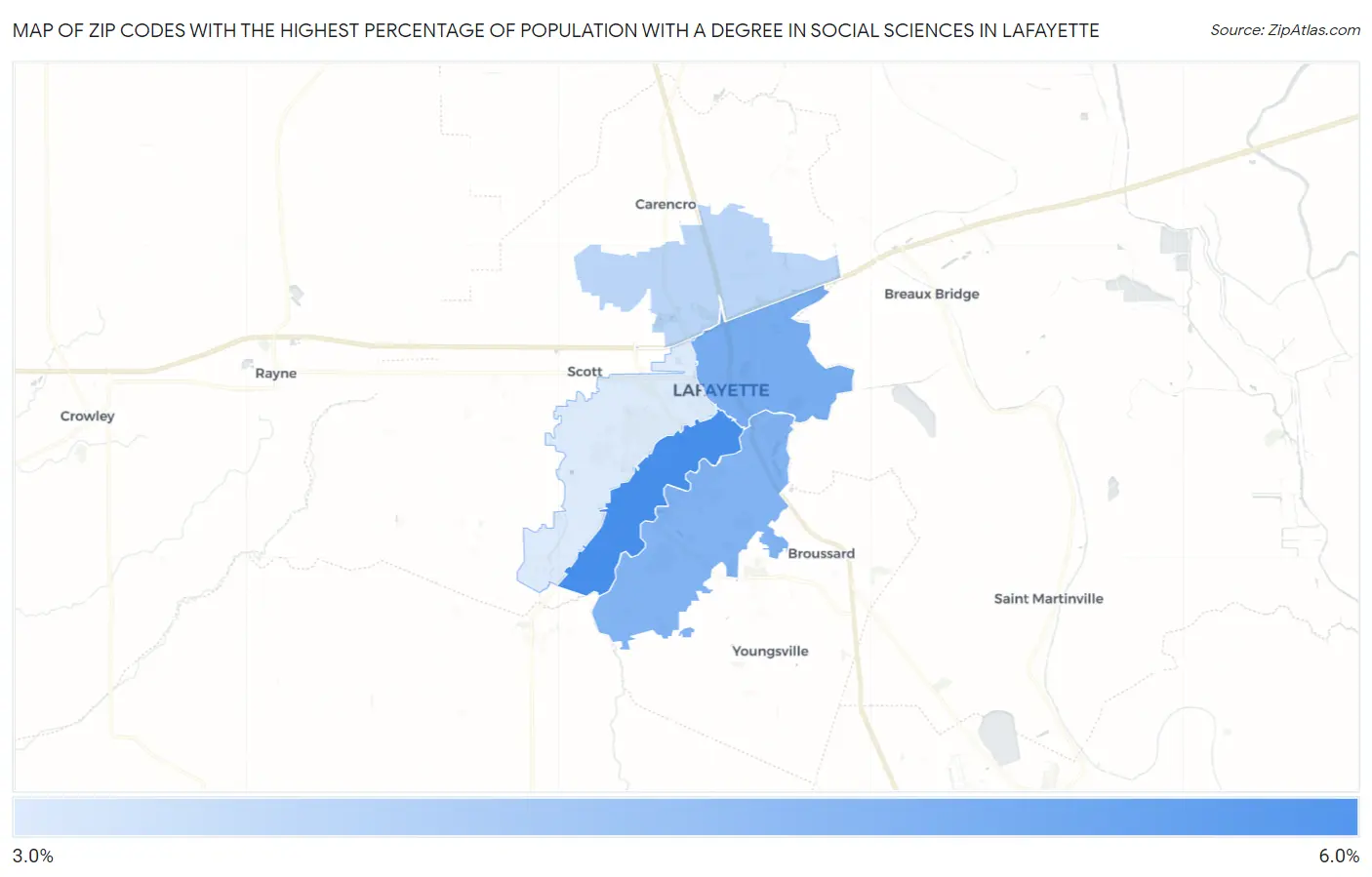 Zip Codes with the Highest Percentage of Population with a Degree in Social Sciences in Lafayette Map