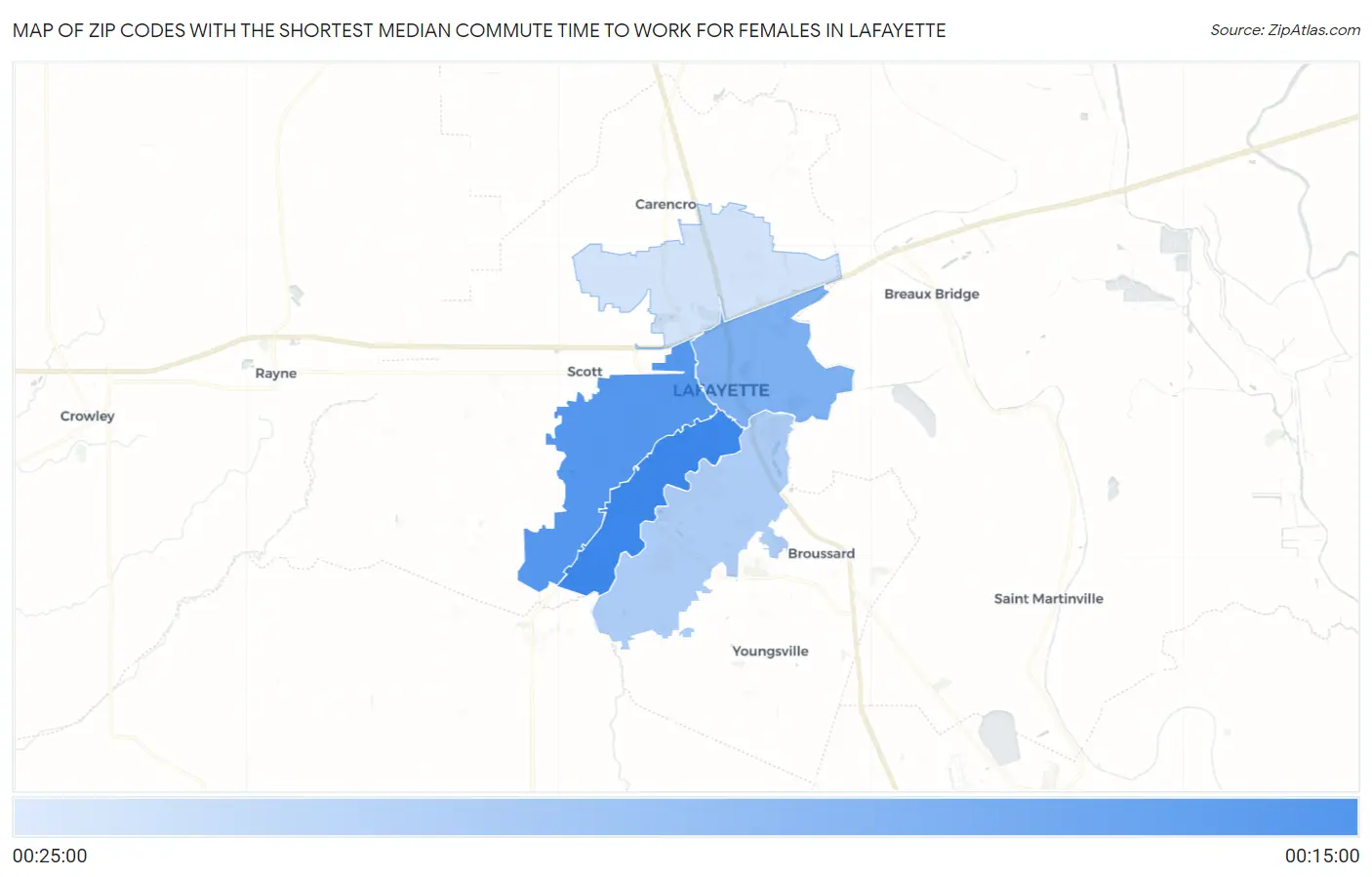 Zip Codes with the Shortest Median Commute Time to Work for Females in Lafayette Map