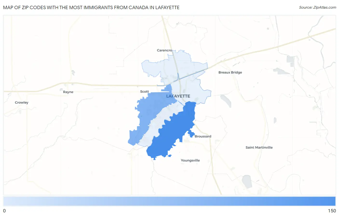 Zip Codes with the Most Immigrants from Canada in Lafayette Map