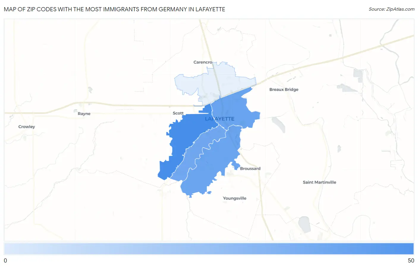 Zip Codes with the Most Immigrants from Germany in Lafayette Map