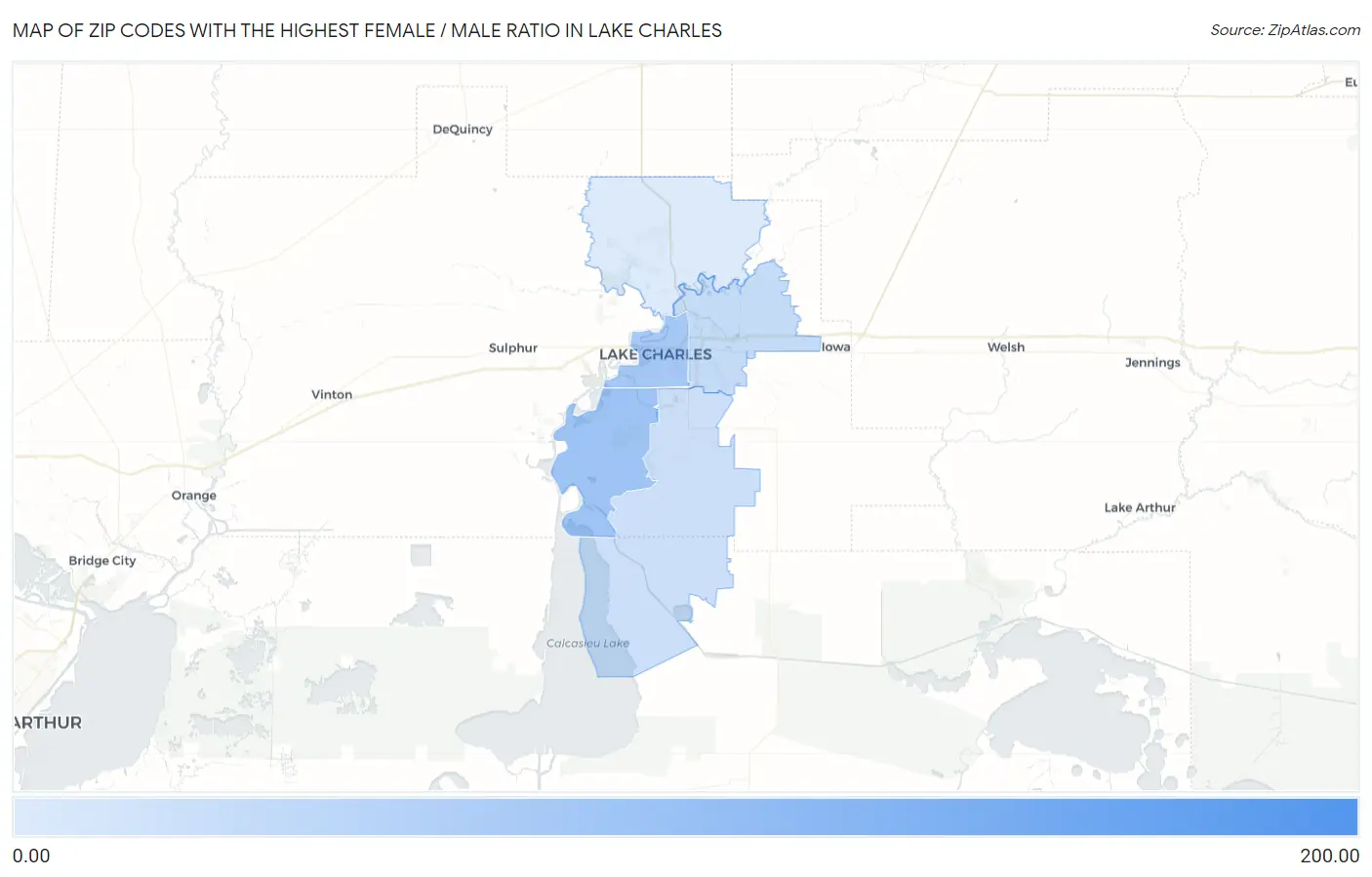 Zip Codes with the Highest Female / Male Ratio in Lake Charles Map
