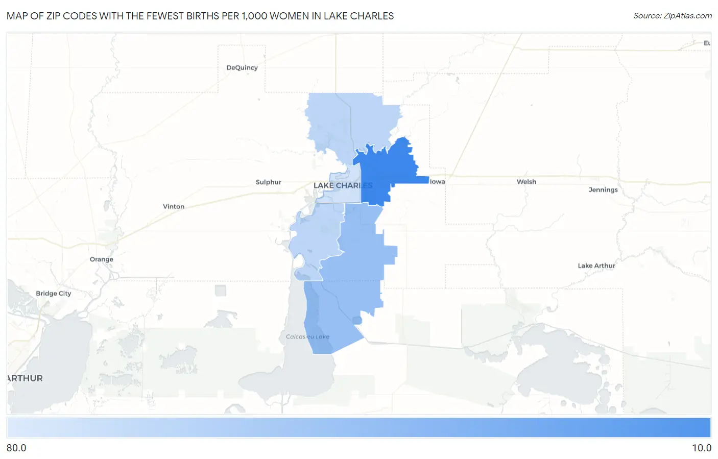 Zip Codes with the Fewest Births per 1,000 Women in Lake Charles Map