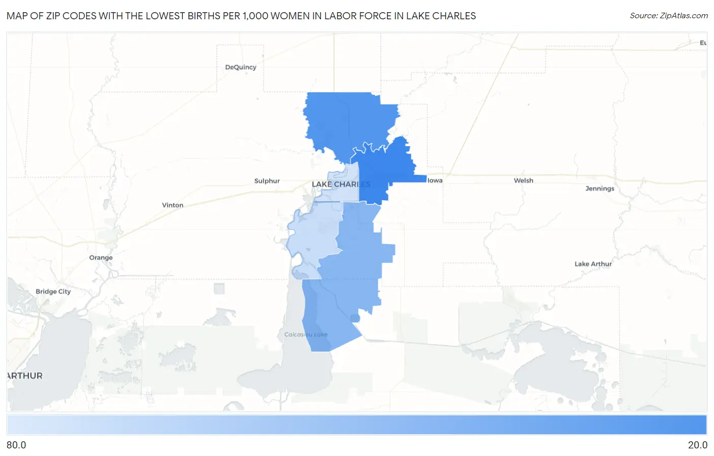 Zip Codes with the Lowest Births per 1,000 Women in Labor Force in Lake Charles Map