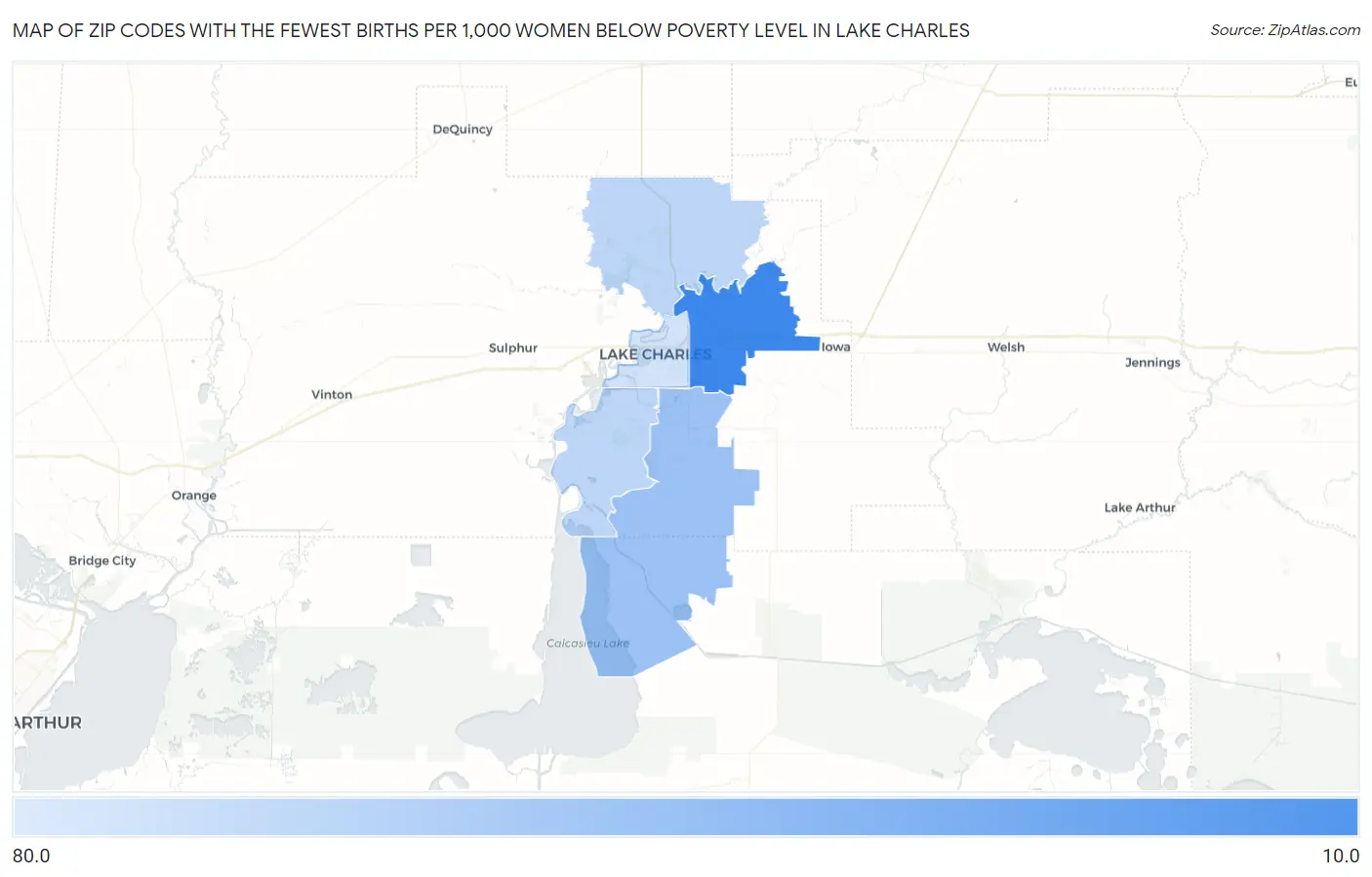 Zip Codes with the Fewest Births per 1,000 Women Below Poverty Level in Lake Charles Map