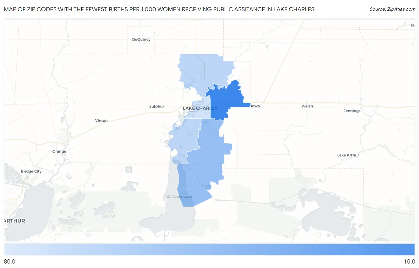 Zip Codes with the Fewest Births per 1,000 Women Receiving Public Assitance in Lake Charles Map