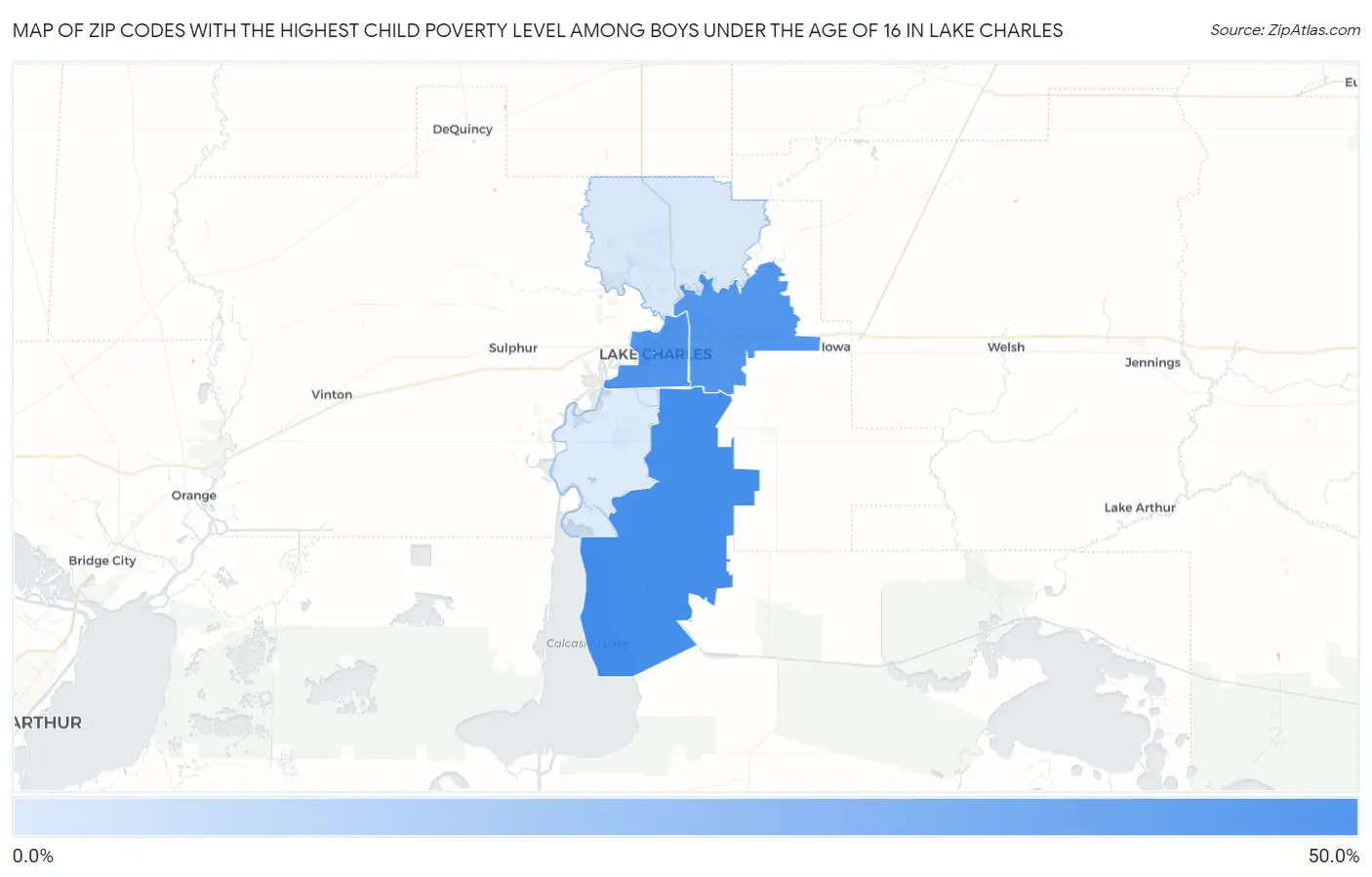 Zip Codes with the Highest Child Poverty Level Among Boys Under the Age of 16 in Lake Charles Map