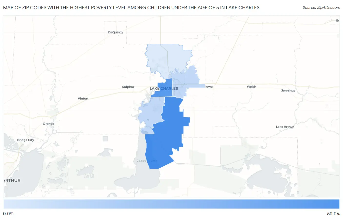 Zip Codes with the Highest Poverty Level Among Children Under the Age of 5 in Lake Charles Map