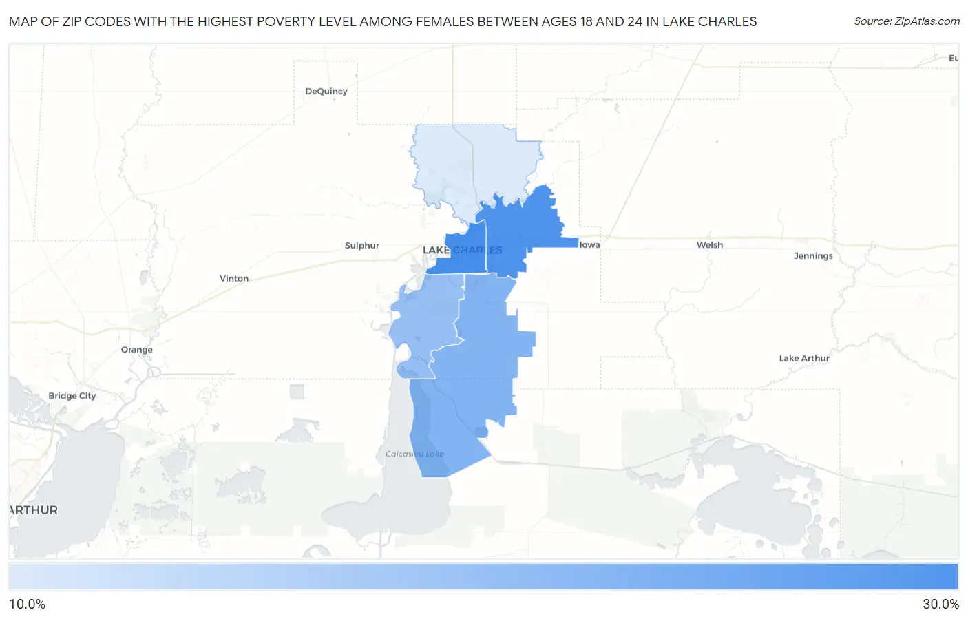 Zip Codes with the Highest Poverty Level Among Females Between Ages 18 and 24 in Lake Charles Map