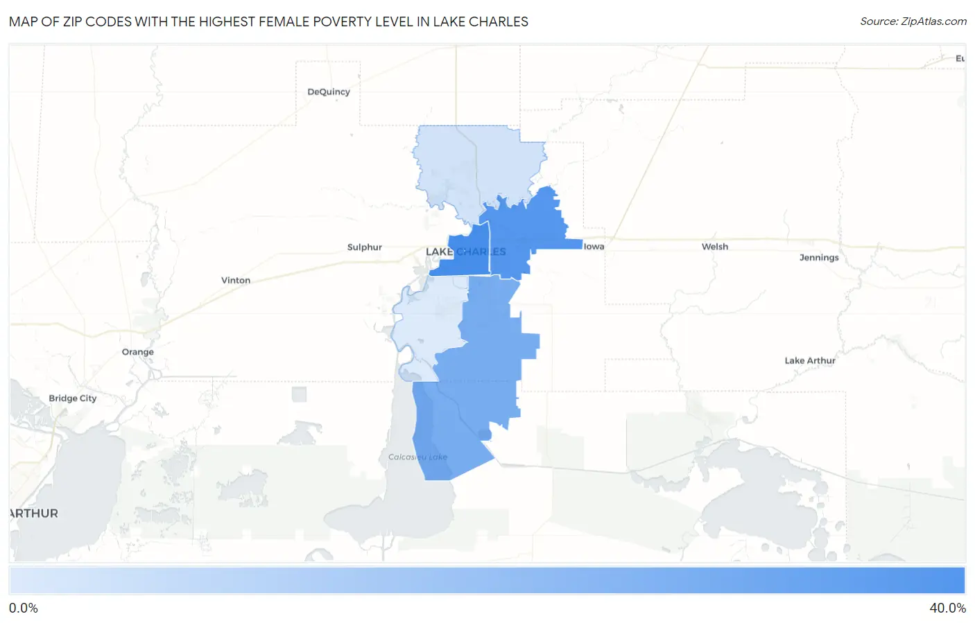 Zip Codes with the Highest Female Poverty Level in Lake Charles Map