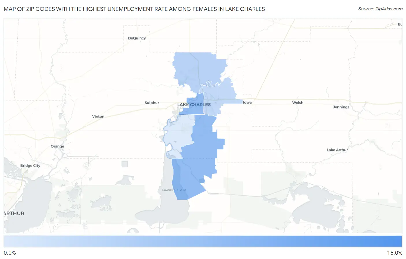 Zip Codes with the Highest Unemployment Rate Among Females in Lake Charles Map