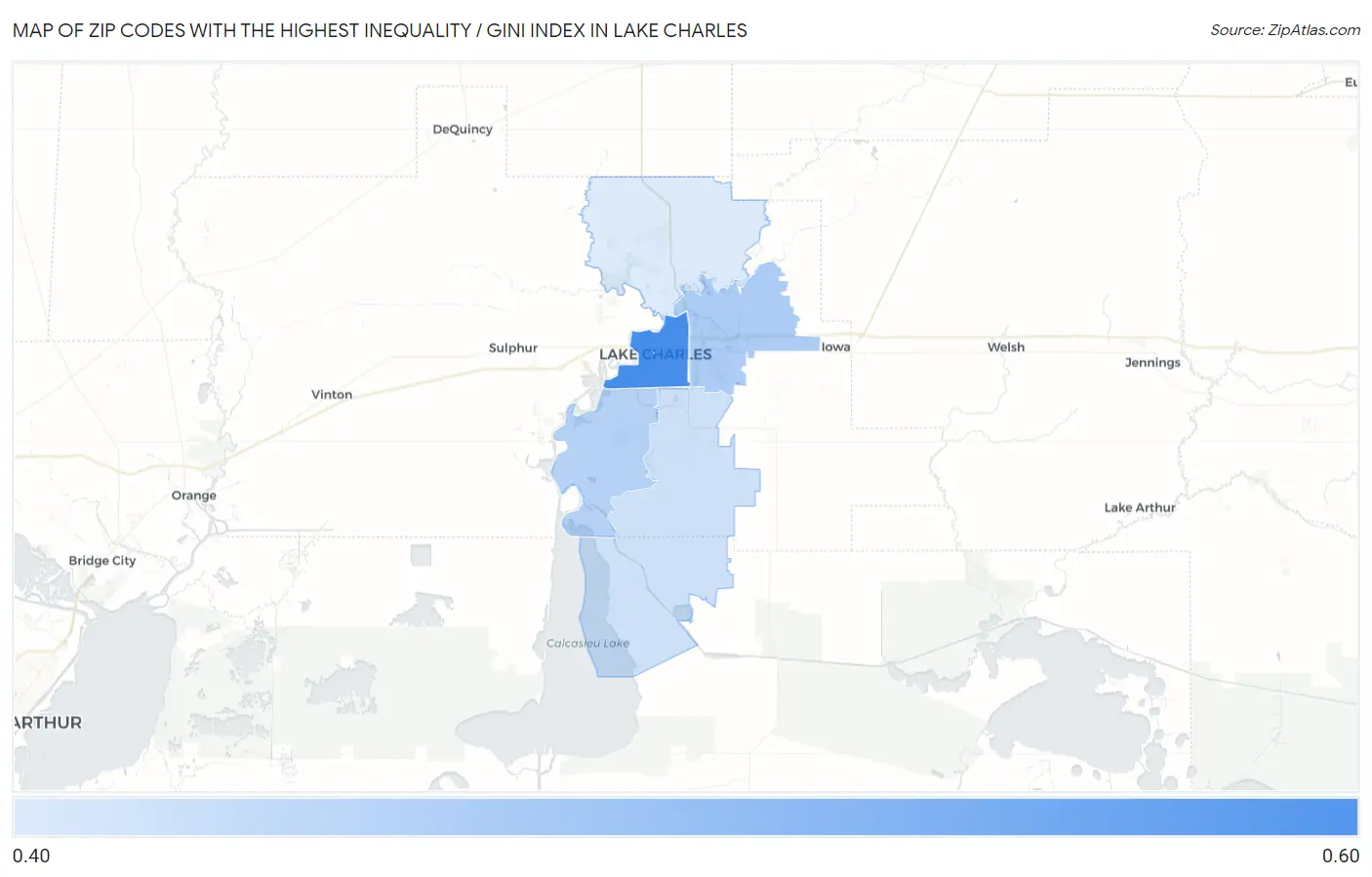 Zip Codes with the Highest Inequality / Gini Index in Lake Charles Map
