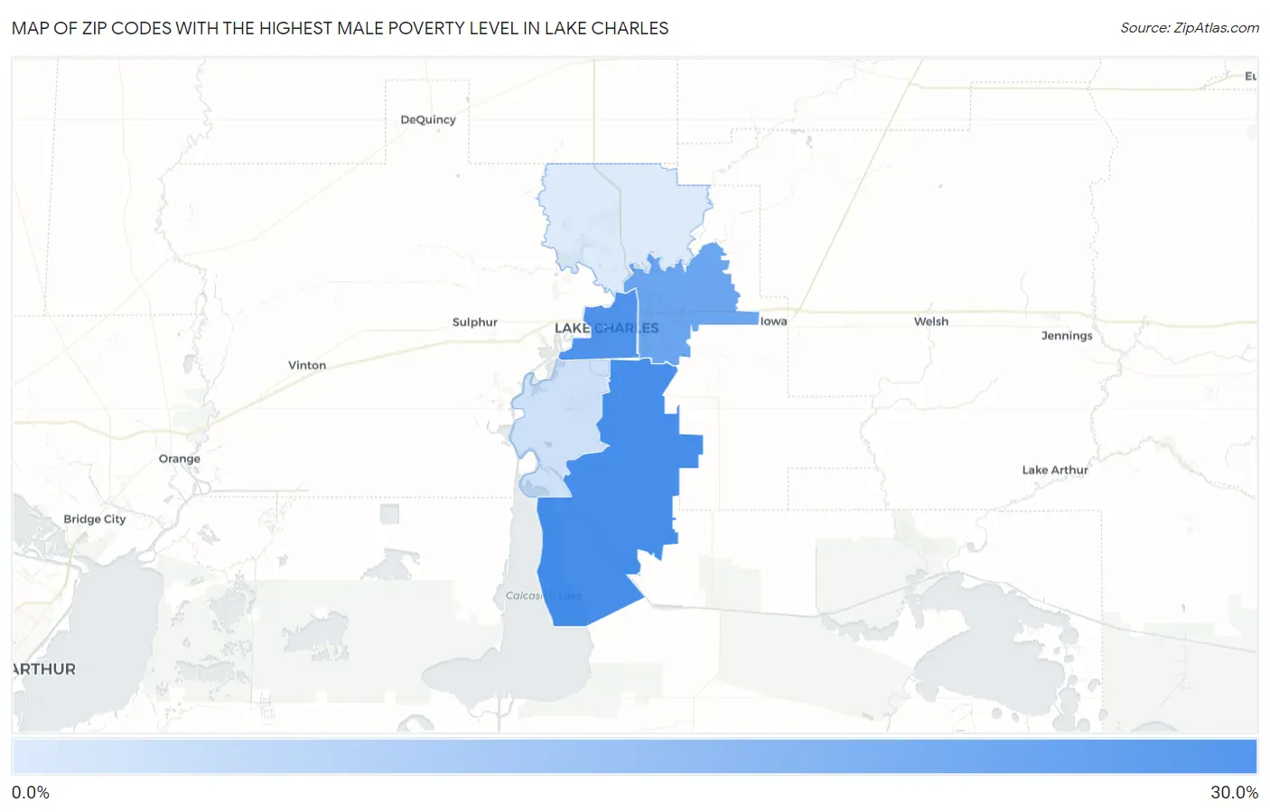 Zip Codes with the Highest Male Poverty Level in Lake Charles Map