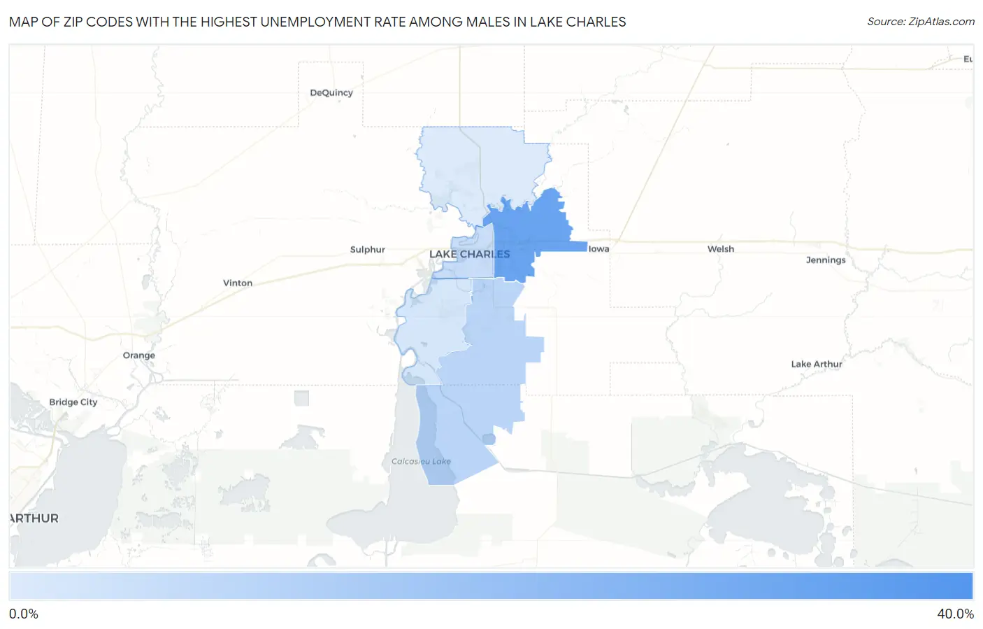 Zip Codes with the Highest Unemployment Rate Among Males in Lake Charles Map