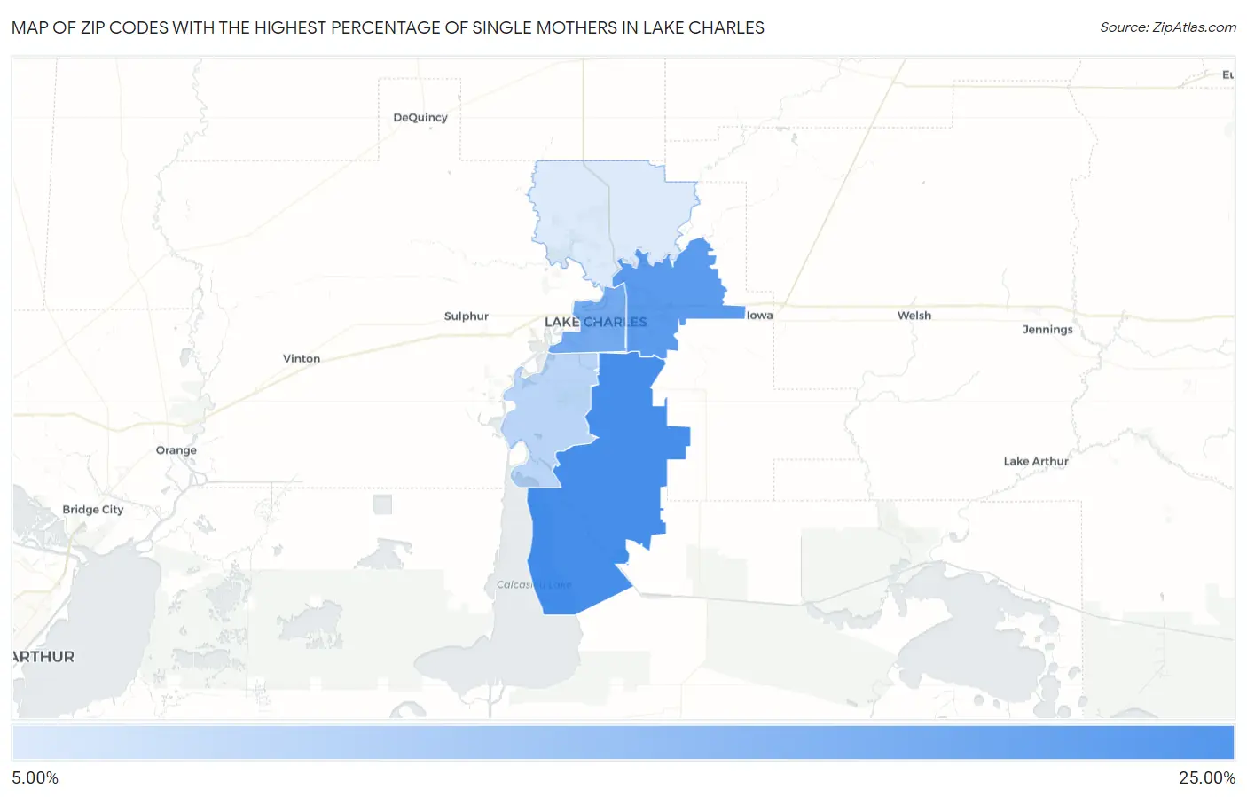 Zip Codes with the Highest Percentage of Single Mothers in Lake Charles Map