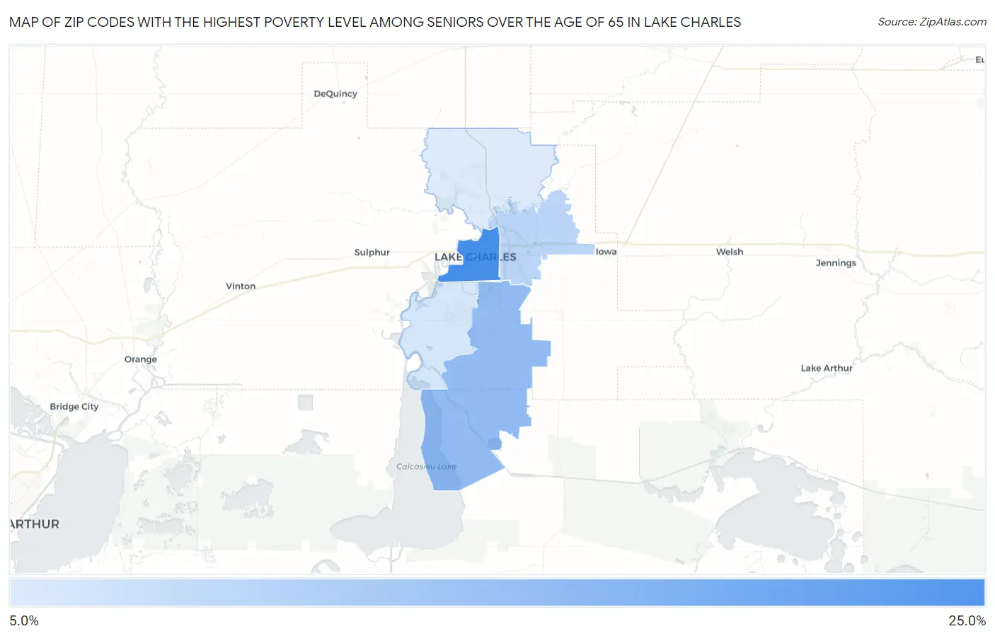 Zip Codes with the Highest Poverty Level Among Seniors Over the Age of 65 in Lake Charles Map