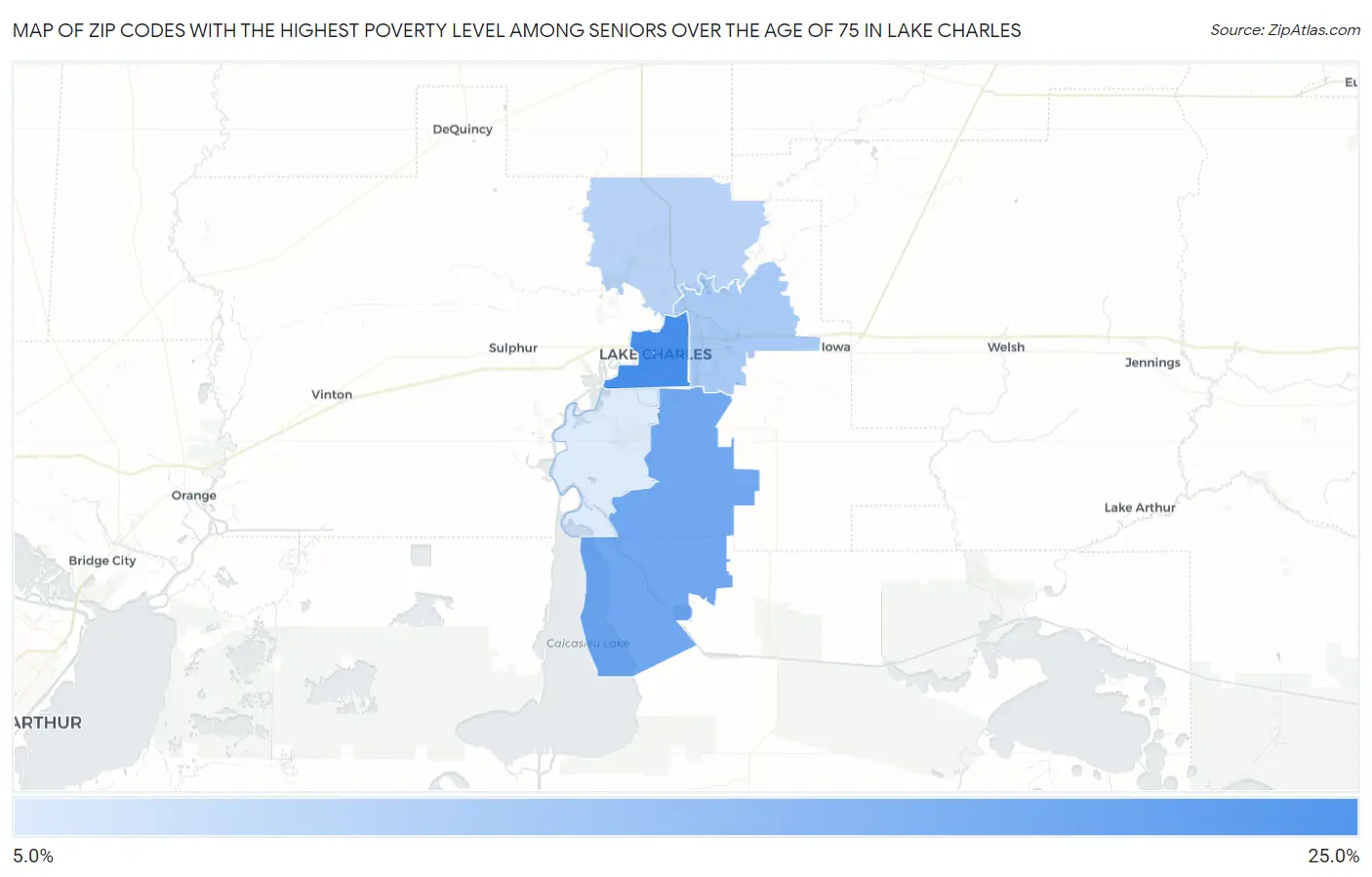 Zip Codes with the Highest Poverty Level Among Seniors Over the Age of 75 in Lake Charles Map