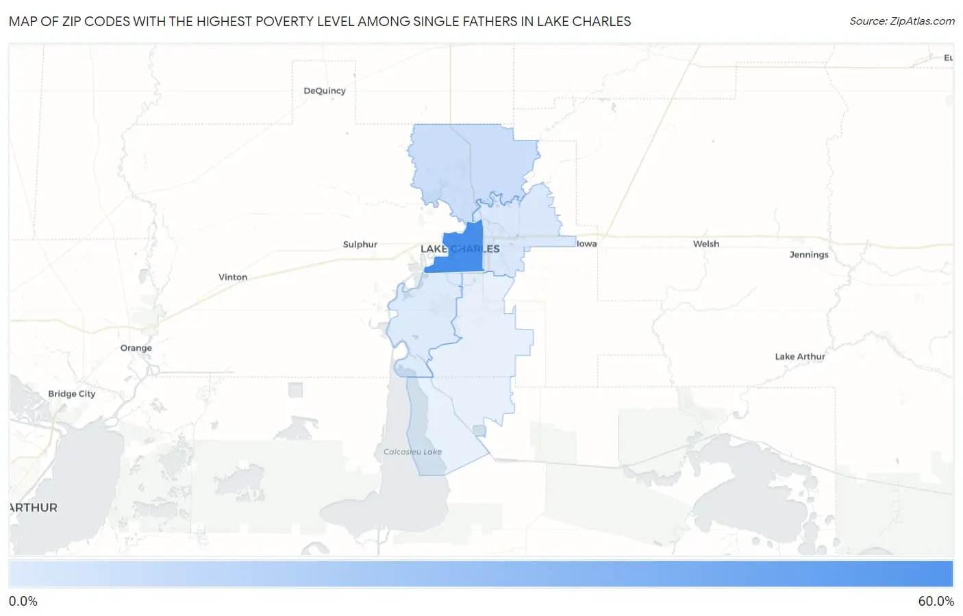 Zip Codes with the Highest Poverty Level Among Single Fathers in Lake Charles Map