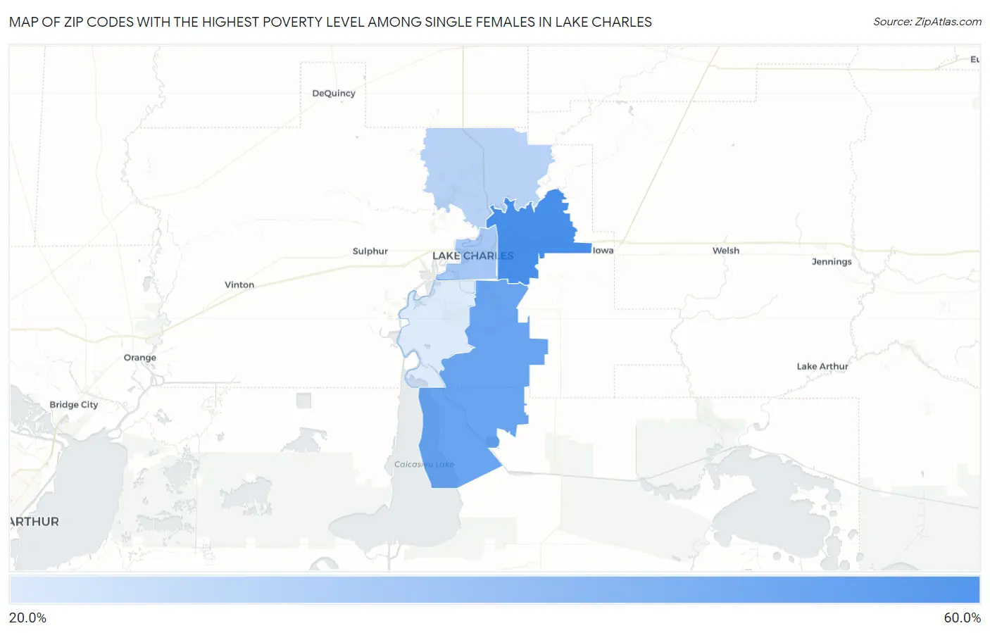 Zip Codes with the Highest Poverty Level Among Single Females in Lake Charles Map