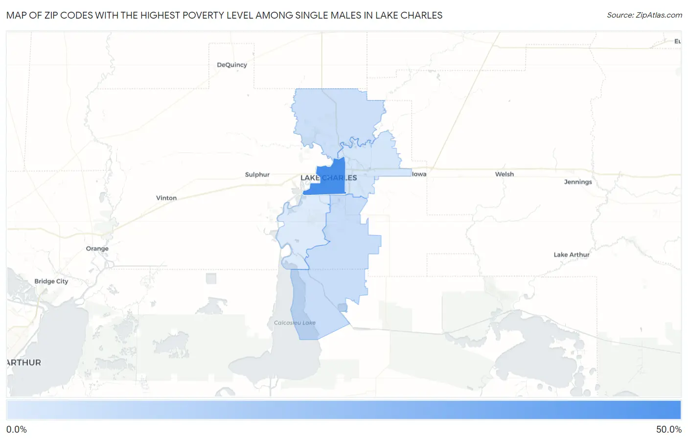 Zip Codes with the Highest Poverty Level Among Single Males in Lake Charles Map