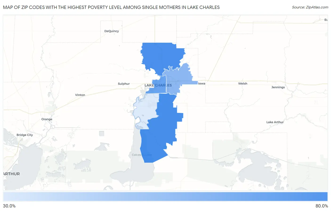 Zip Codes with the Highest Poverty Level Among Single Mothers in Lake Charles Map