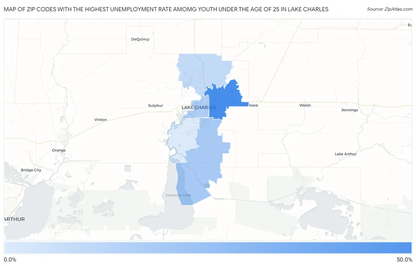 Zip Codes with the Highest Unemployment Rate Amomg Youth Under the Age of 25 in Lake Charles Map
