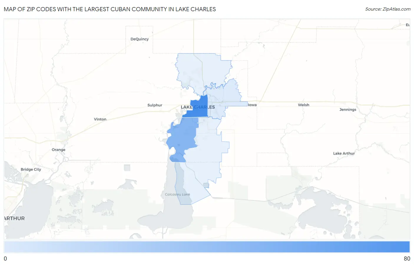 Zip Codes with the Largest Cuban Community in Lake Charles Map