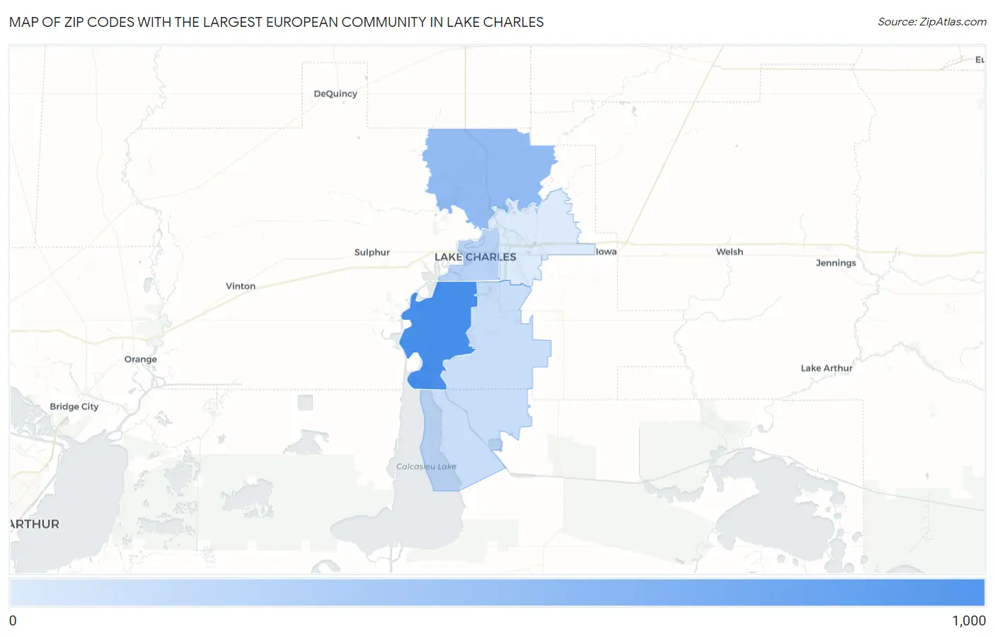 Zip Codes with the Largest European Community in Lake Charles Map
