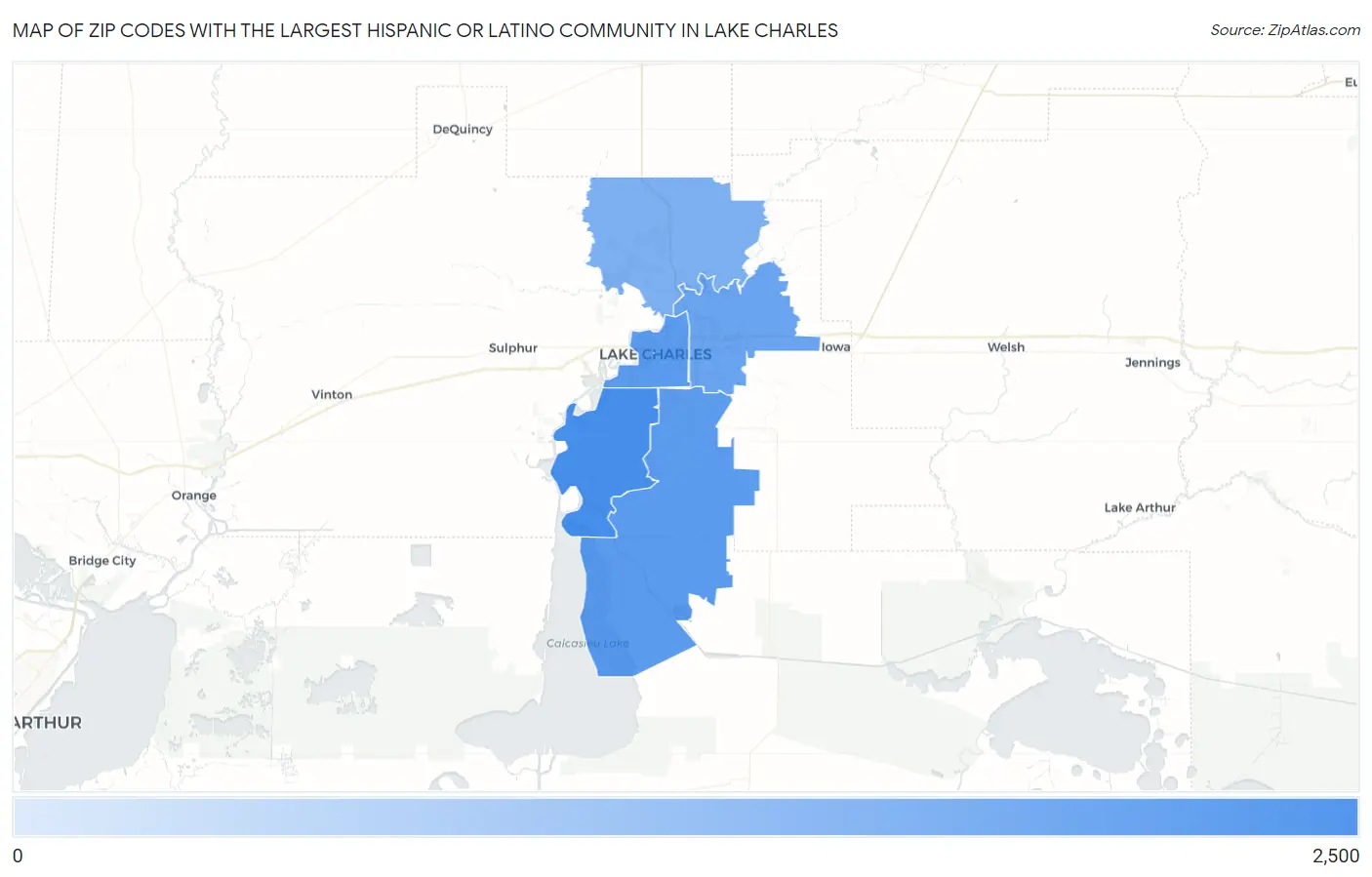 Zip Codes with the Largest Hispanic or Latino Community in Lake Charles Map
