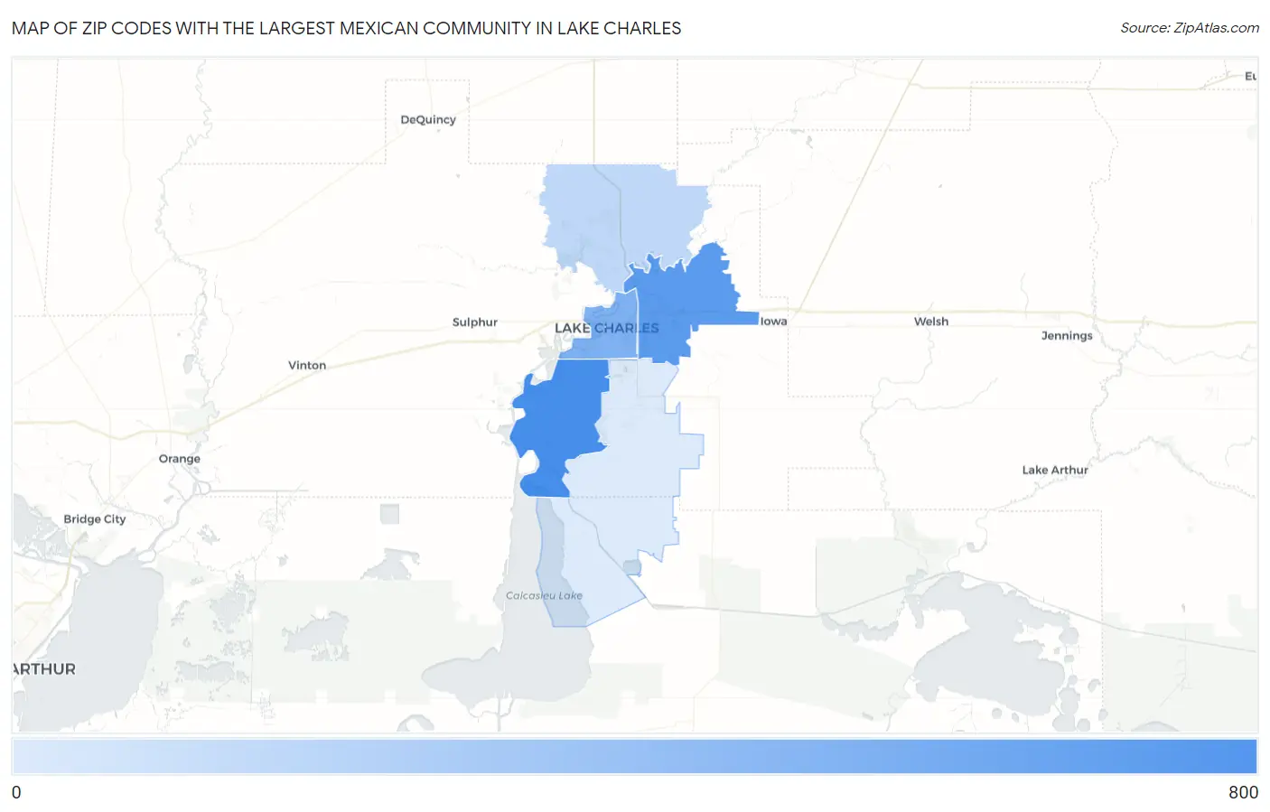 Zip Codes with the Largest Mexican Community in Lake Charles Map
