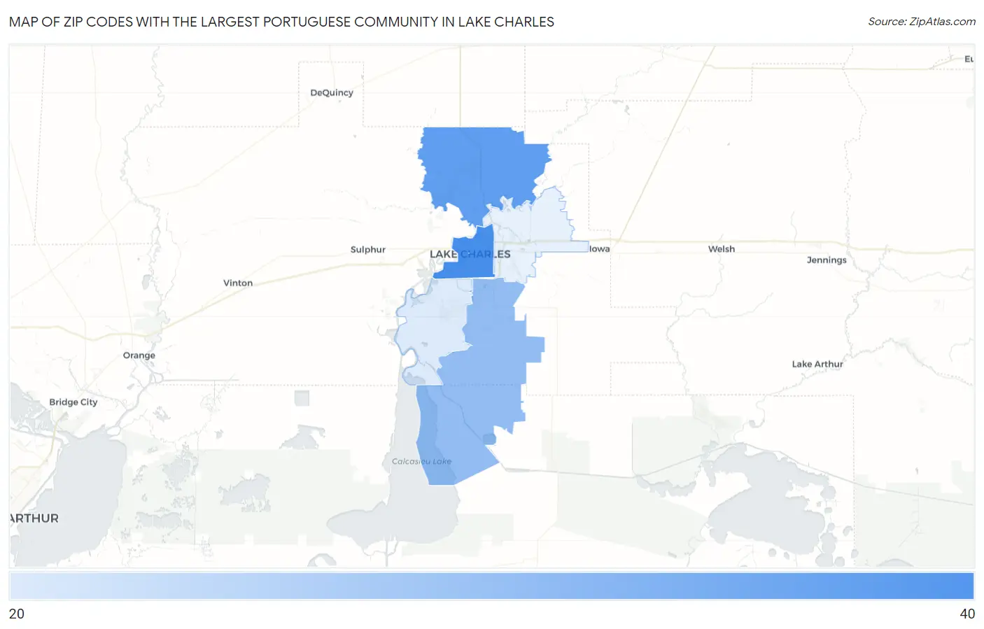 Zip Codes with the Largest Portuguese Community in Lake Charles Map