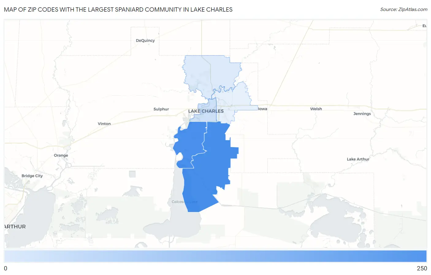 Zip Codes with the Largest Spaniard Community in Lake Charles Map
