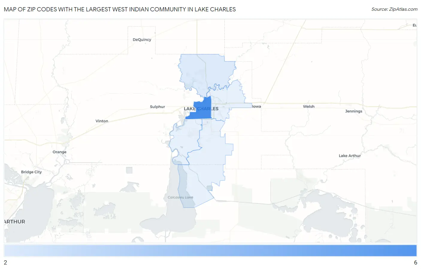 Zip Codes with the Largest West Indian Community in Lake Charles Map