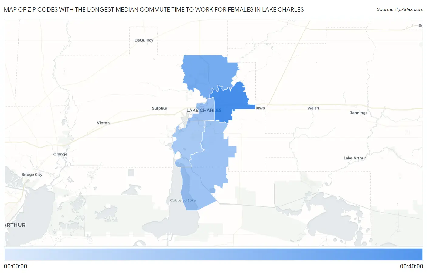 Zip Codes with the Longest Median Commute Time to Work for Females in Lake Charles Map
