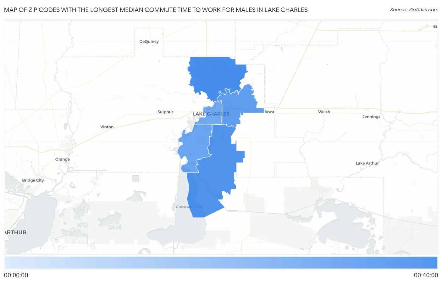 Zip Codes with the Longest Median Commute Time to Work for Males in Lake Charles Map