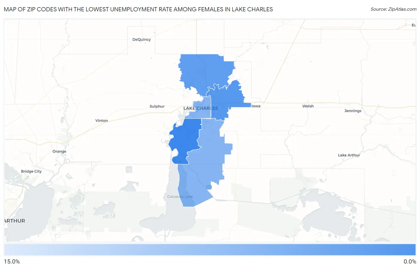 Zip Codes with the Lowest Unemployment Rate Among Females in Lake Charles Map