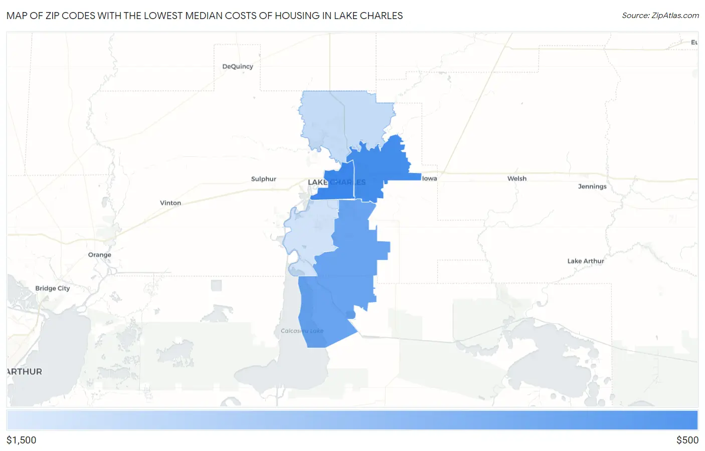 Zip Codes with the Lowest Median Costs of Housing in Lake Charles Map