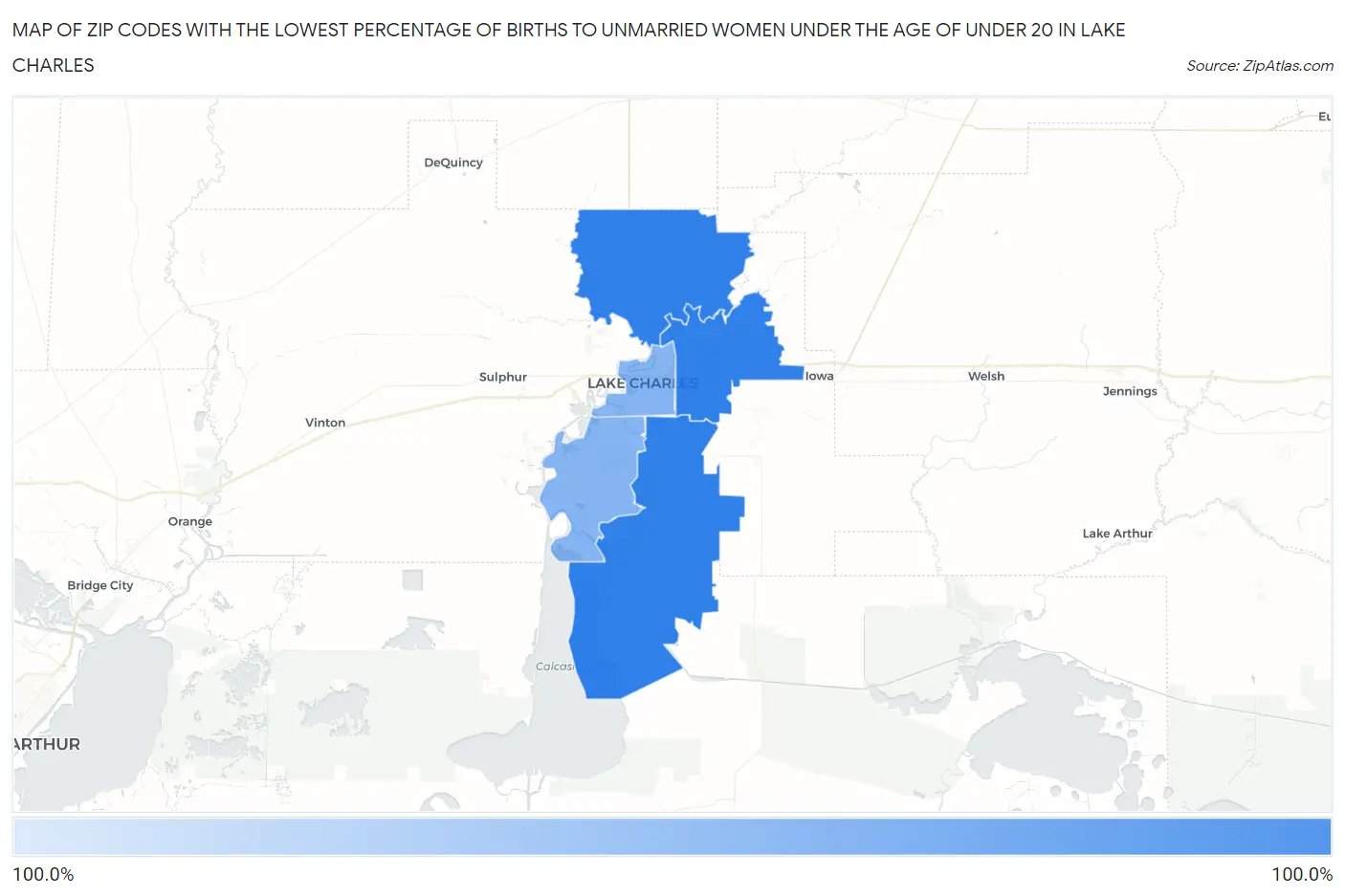 Zip Codes with the Lowest Percentage of Births to Unmarried Women under the Age of under 20 in Lake Charles Map