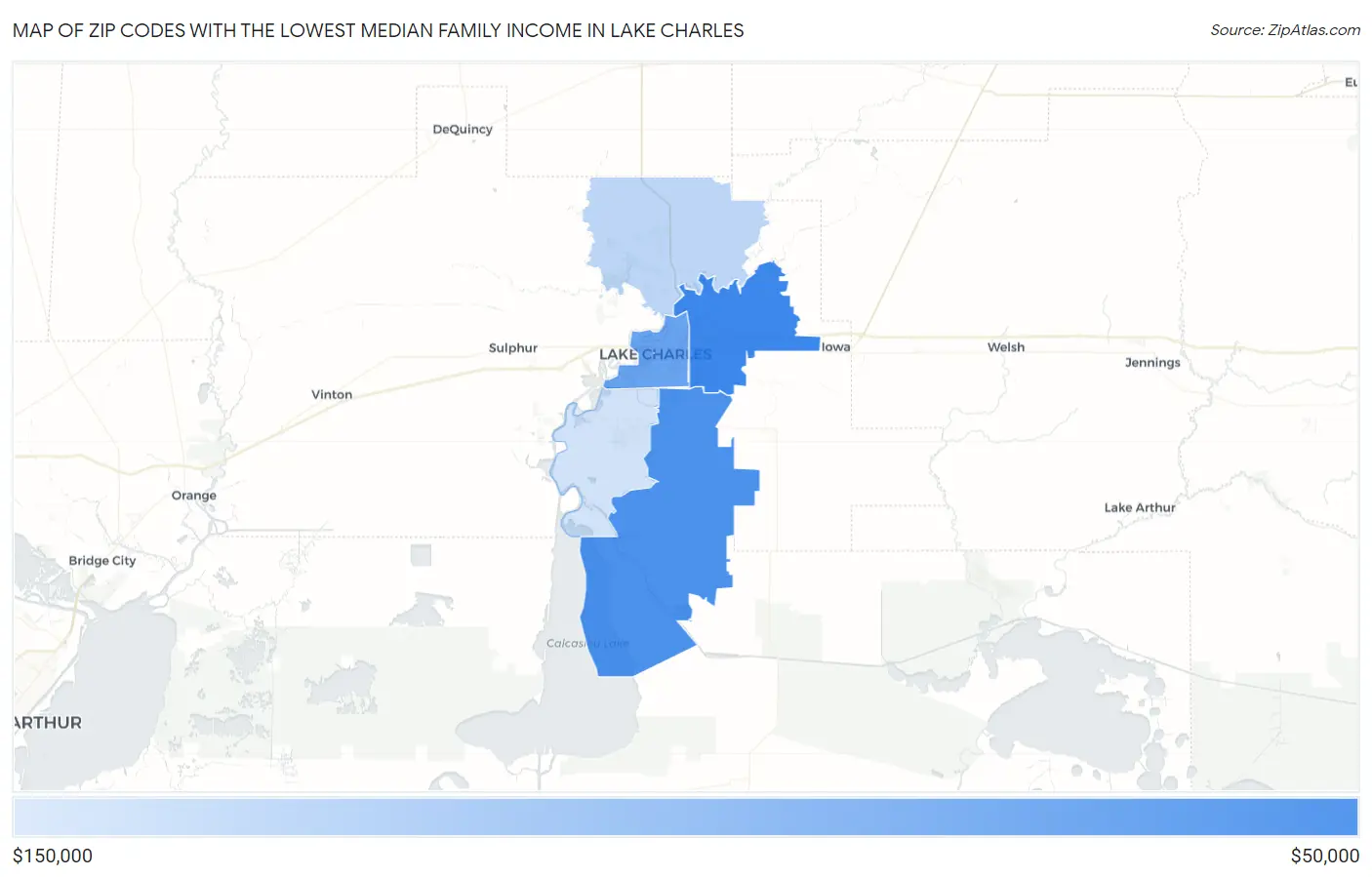 Zip Codes with the Lowest Median Family Income in Lake Charles Map
