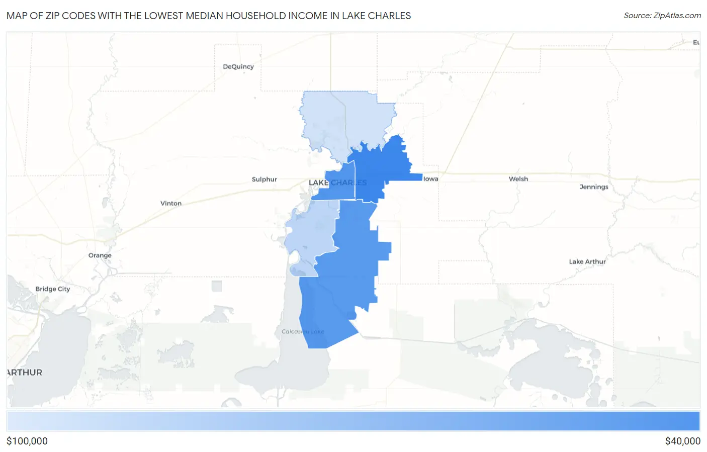 Zip Codes with the Lowest Median Household Income in Lake Charles Map