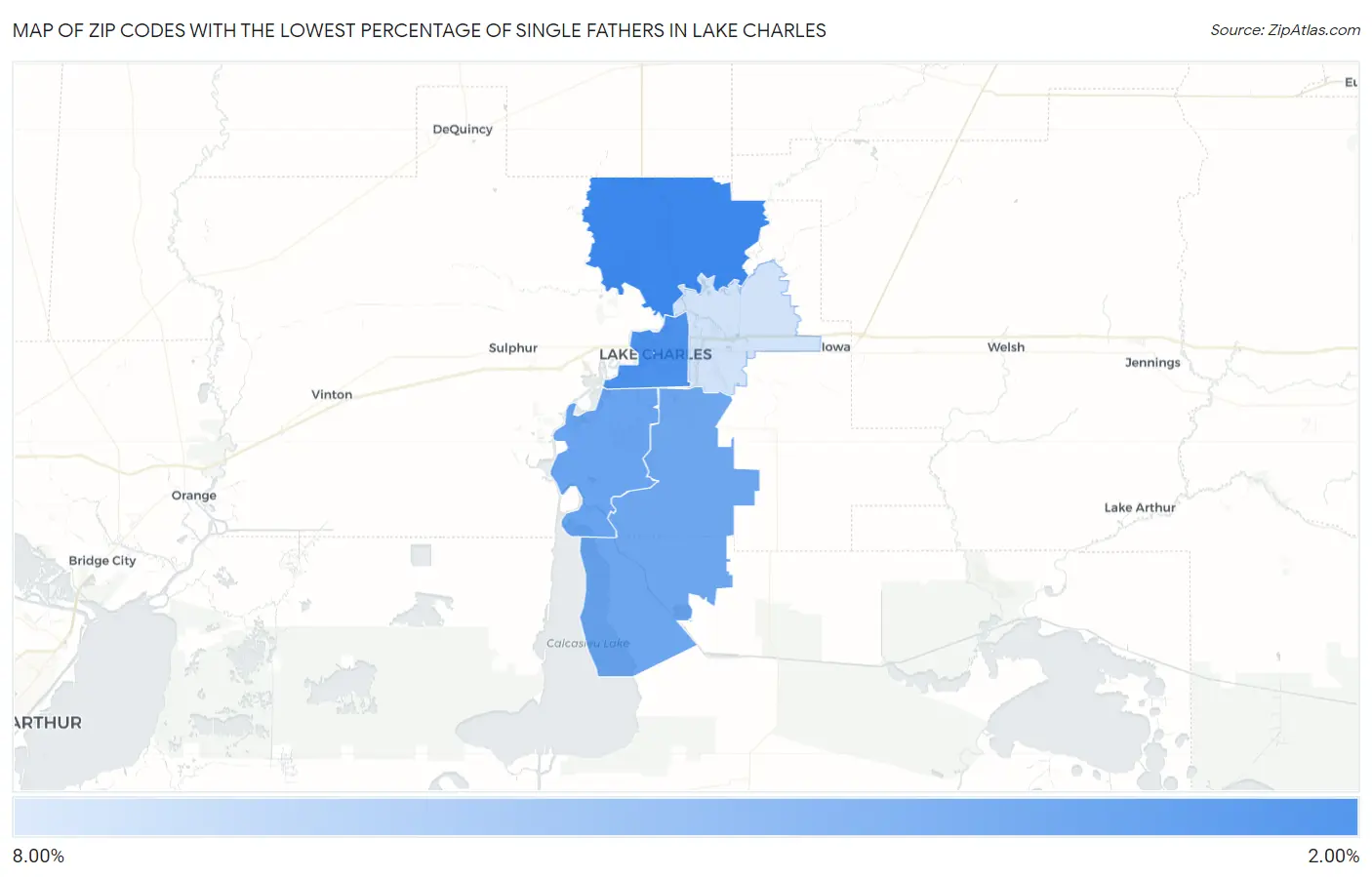 Zip Codes with the Lowest Percentage of Single Fathers in Lake Charles Map