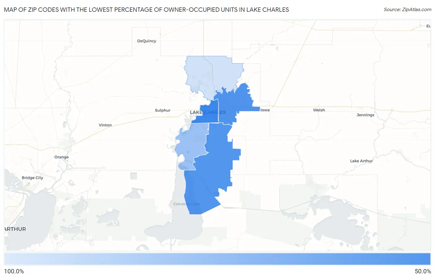 Zip Codes with the Lowest Percentage of Owner-Occupied Units in Lake Charles Map