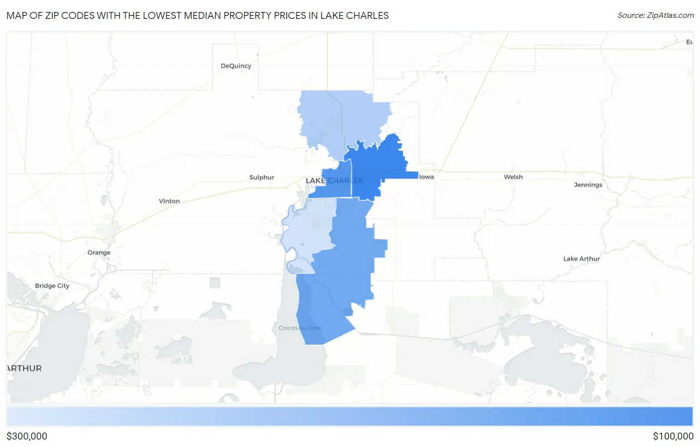 Zip Codes with the Lowest Median Property Prices in Lake Charles Map